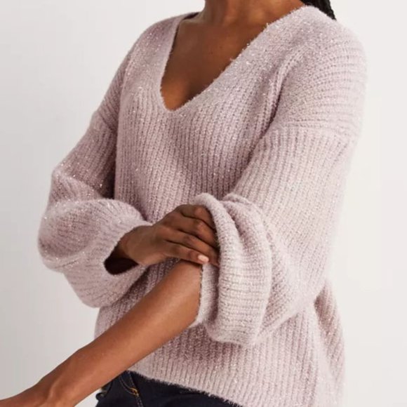 Boden Chunky Fluffy V Neck Wool Blend Sweater Metallic Sparkly Cameo Pink 16/18 - Picture 16 of 16